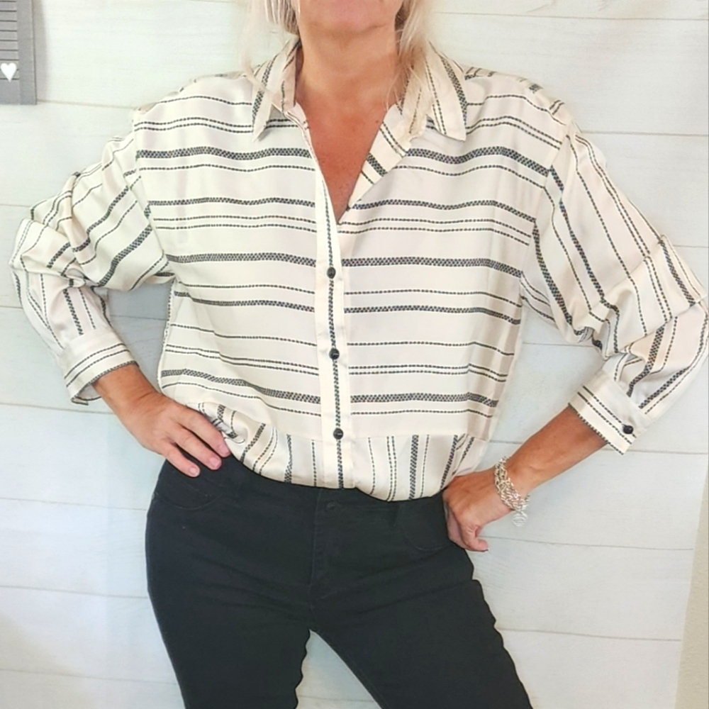 Karl Lagerfeld Striped Button Down Blouse New Size M black
